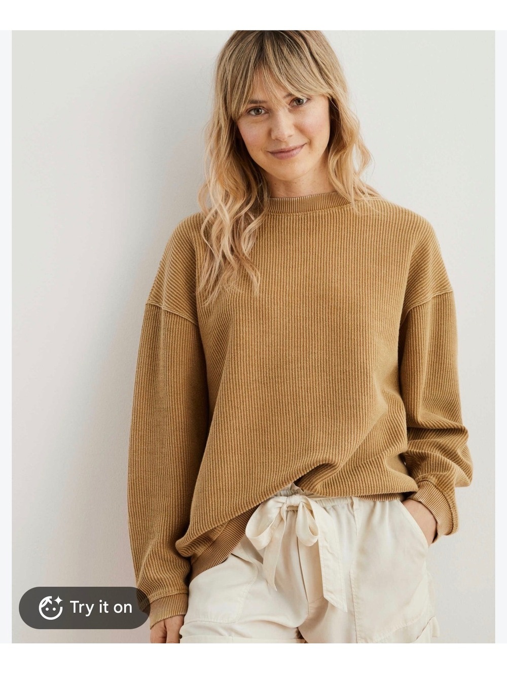 Aerie Corded Oversized Sweatshirt Large Khaki Olive Green Slouchy Coastal Casual